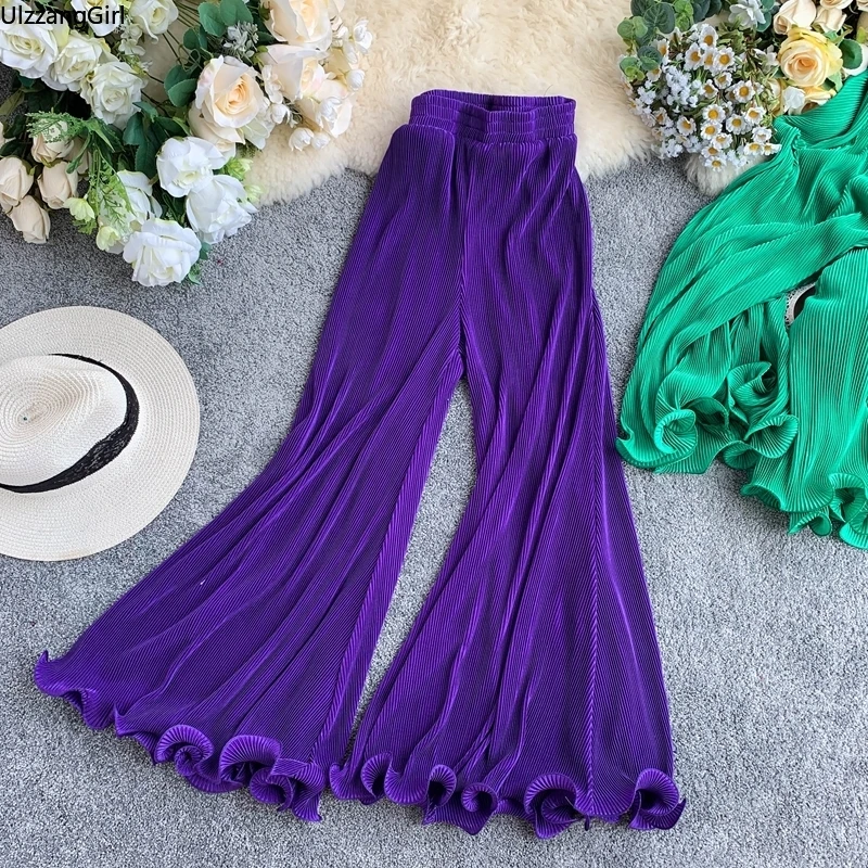 

Elastic Waist High Streetwear Boho Fashion Solid Pleated Ruffles Flare Pant Bell Bottom Workout Sportwear Trouser Wide Leg Korea