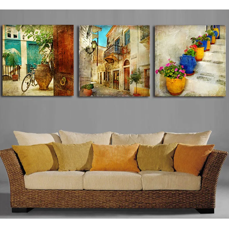

Modular Picture Printed Art Framework Popular Cuadros Modern Poster 3 Piece Retro City And Flowerpot Canvas Painting Wall