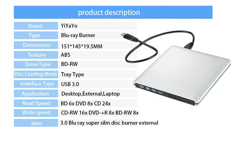 YiYaYo 3D Привод Blu-Ray BD-RE горелка USB 3,0 внешний DVD-RW CD/DVD/BD-ROM плеер портативный Superdrive для ноутбука Macbook PC