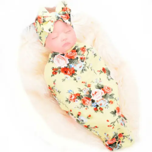 Детская одежда из хлопка для новорожденных Одеяло s детские пеленки с цветами для завёртывания для пеленания спальное одеяло для новорожденных комплект из 2 предметов: повязка на голову - Цвет: Цвет: желтый