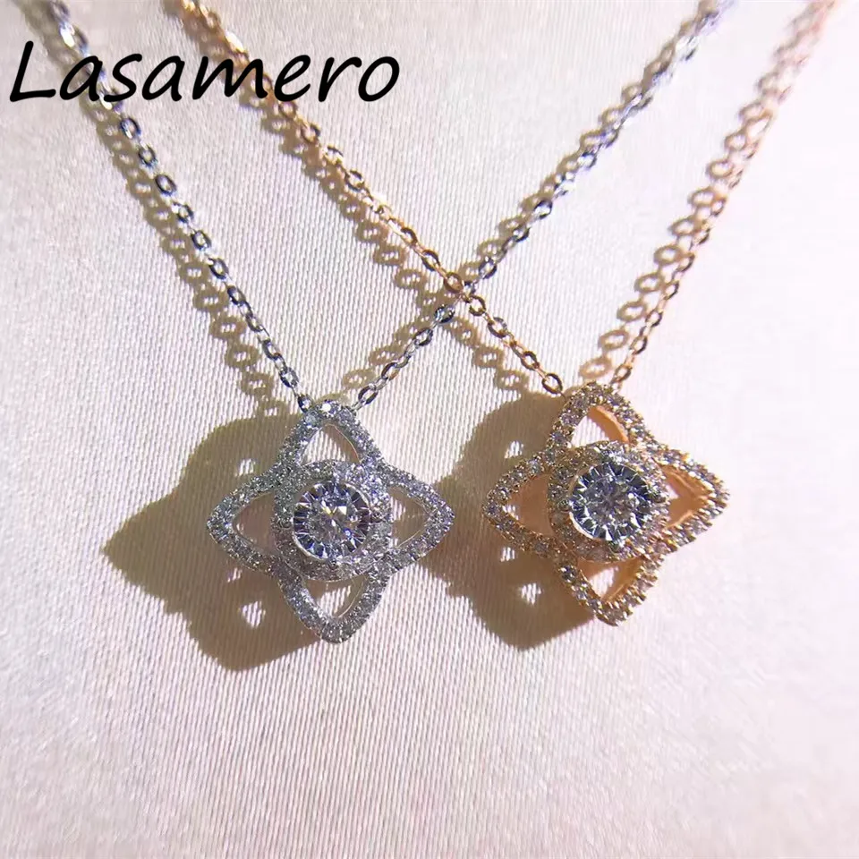 

LASAMERO Halo 0.05CT Round Cut Flower Shape Pave Set 18k Gold Natural Diamond Pendant Necklace