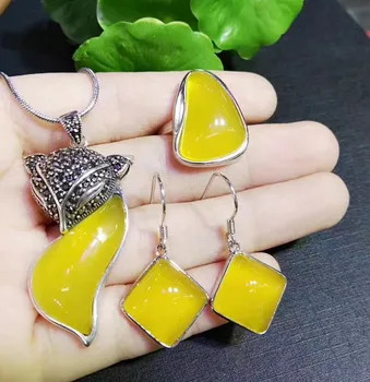 

Natural chalcedony suit ring pendant earrings bracelet s925 silver inlaid gift simple generous yellow chalcedony three
