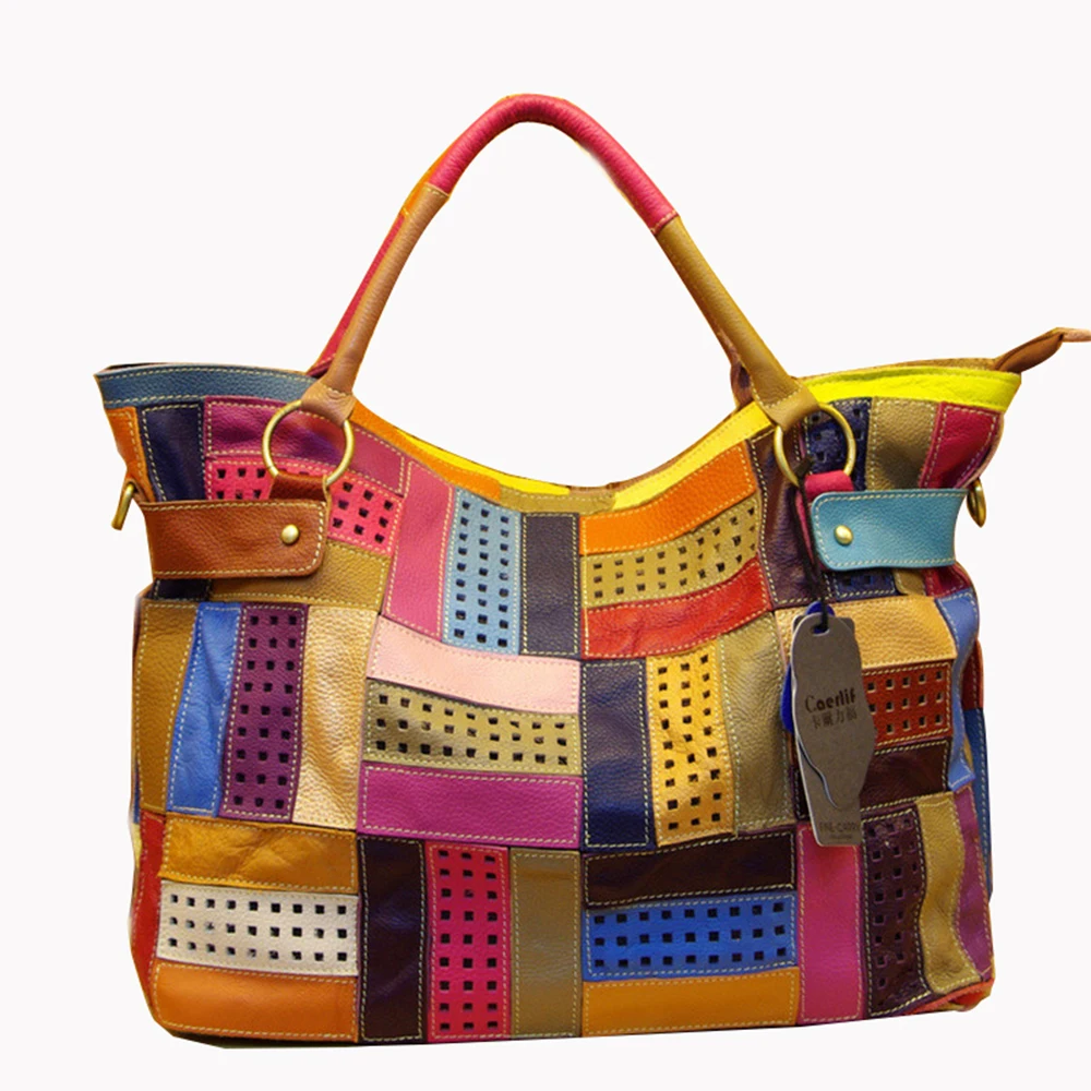 Caerlif Fashion Tote Splice hollow out stripe 100% Genuine Natural Leather Patchwork Handbags Women Messenger Bag Colorful bags Caerlif Fashion Tote Splice hollow out stripe 100% Genuine Natural Leather Patchwork Handbags Women Messenger Bag Colorful bags