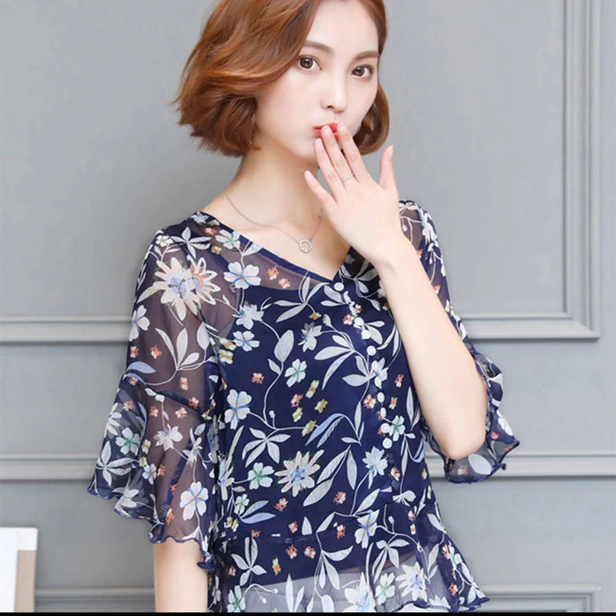 Shirt Women Floral Printed Summer Blouse Transparent Korean Fashion ...