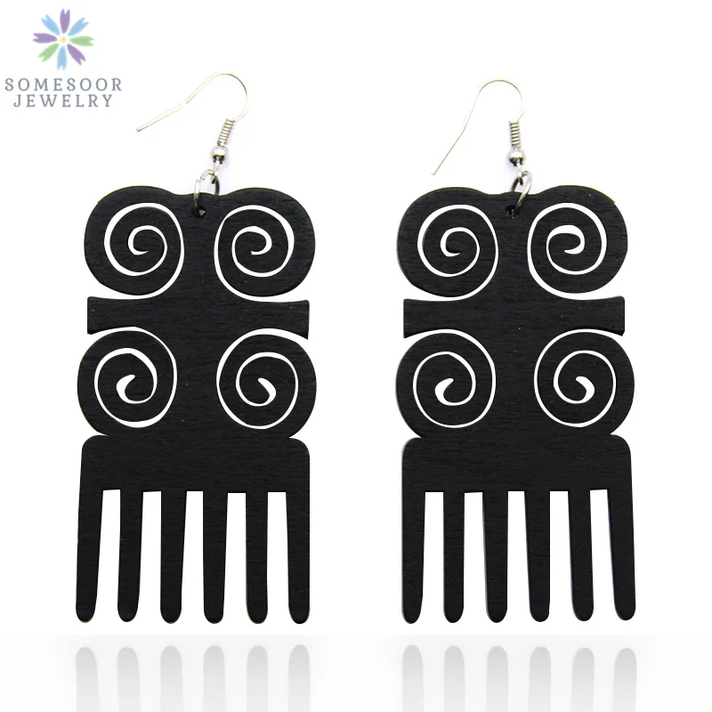 

SOMESOOR African Ethnic Comb Natural Wood Drop Earrings Black Red Colors Handmade AFRO Bohemain EarJewelry For Lady Women Gift