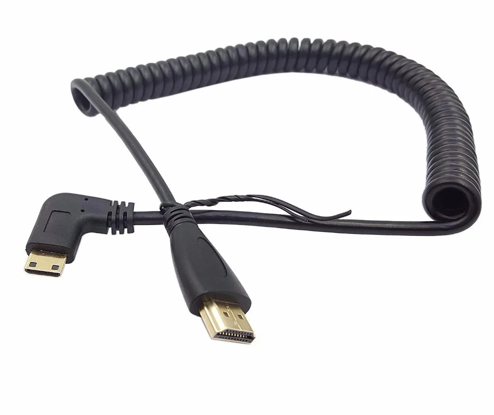 

Angle 90 Degree Mini HDMI to HDMI,Right Angled Mini-HDMI Male to HDMI Male Gold Plated Converter Adapter Coiled Spiral Cable