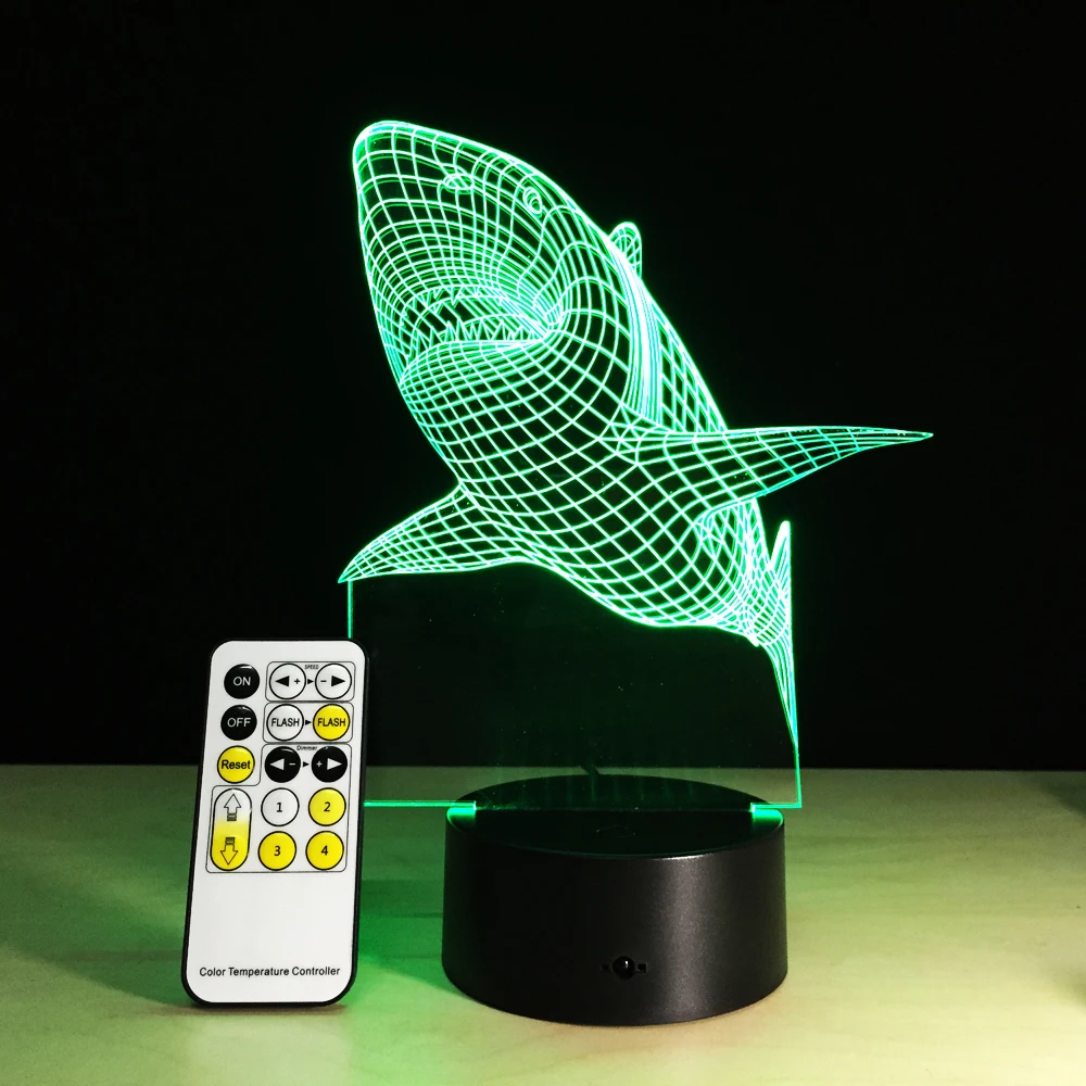  3D Shark Night Light Optical Illusion Table Light Mood Lamp Touch Remote Control 7 Colors Home Ligh - 32892947721
