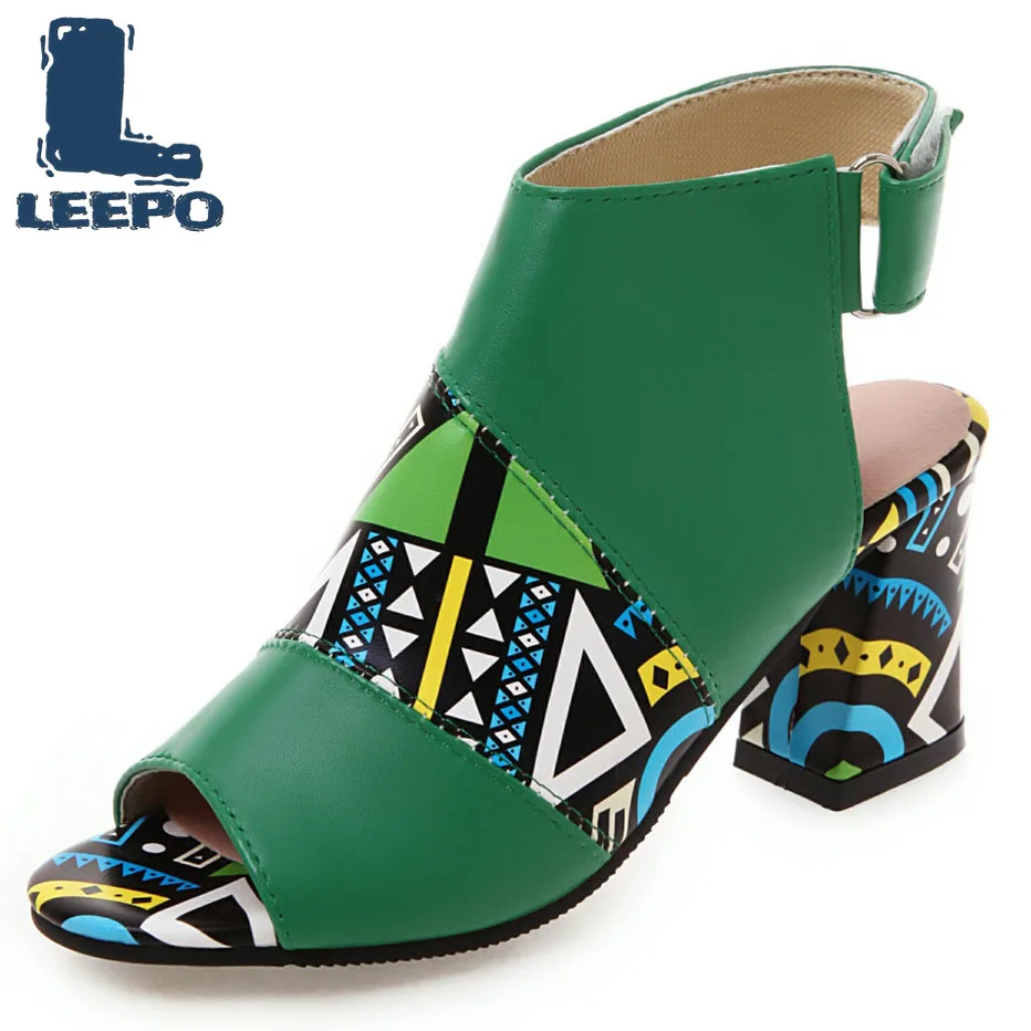 

LEEPO Women Sandals High Heels Print Shoes Woman Buckle Strap Peep Toe Sandalias Ladies Summer Slingbacks Pumps Female Big Shoes