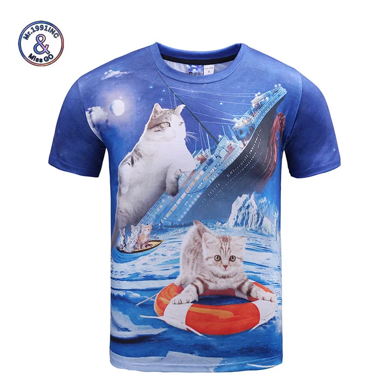 

Mr.1991INC New Fashion men/women t-shirt 3d funny print Titanic big cat and iceberg summer tops tees t shirt plus size XXXL