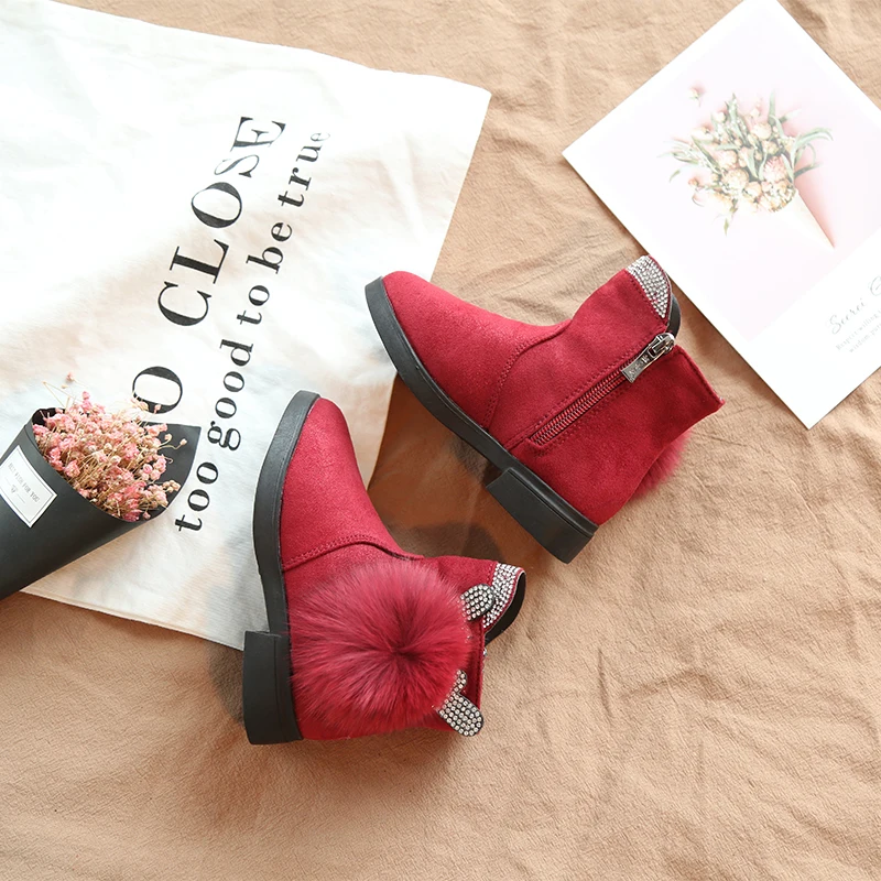 2018 Girls Rhinestone Glitter Boots with cashmere cotton, Bunny Ears, Kids lovely Fur Ball winter warm shoes, black and Red   (10)