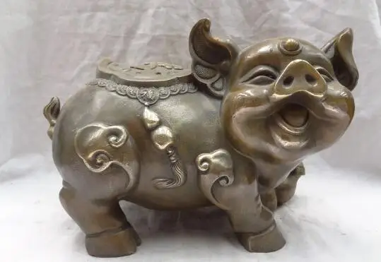 

S3925 13" Folk Chinese Bronze Copper Animals Year Zodiac Wealth Happy Fu Pig Statue discount 30% (C0324)