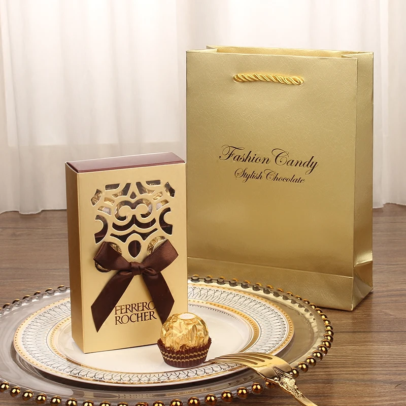 FERRERO ROCHER коробки, свадебные сувениры милые подарки сумки вечерние поставки Baby Shower Ferrero шоколадные конфеты коробки 6 отверстий золотого цвета с бантом