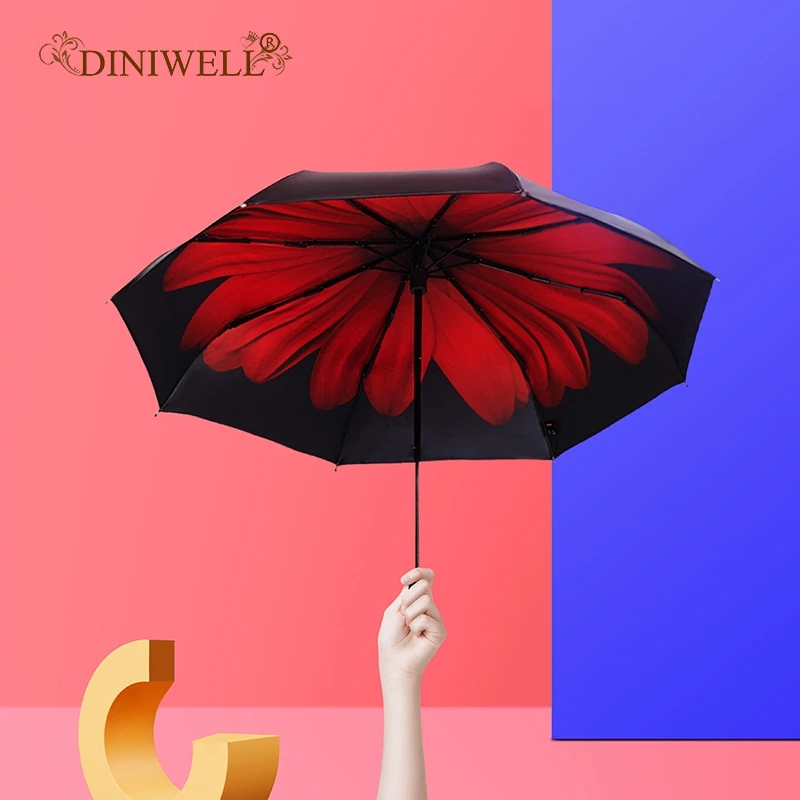 

Red Flowers Print Umbrella Rain Women Black Coating Anti-UV Parasol Sunny And Rainy 3-Folding Automatic Umbrella