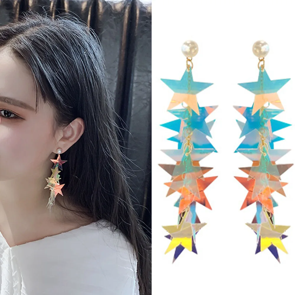 

2019 Korean Sweet Rainbow Sequins Star Drop Earrings Bling Multi-layer Star Tassel Dangle Earrings Women Party Wedding Jewelry