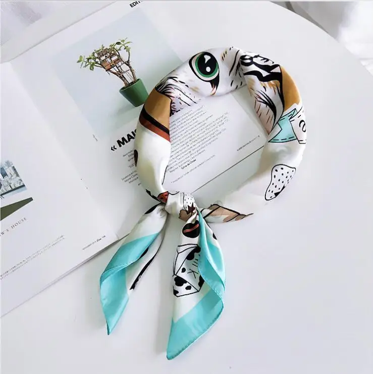 

Cute Cat Scarf Women Cartoon Printed Square Silk Scarves 70*70cm 2019 New Fashion Small Headband Neck Kerchief Bag Scarf
