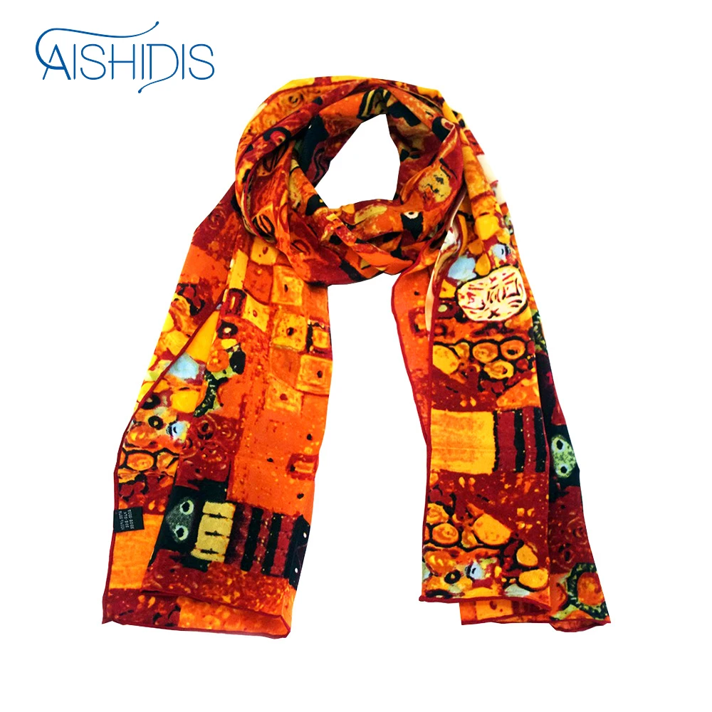 

Women's 100% Silk Long Scarf Art Printing Hand Rolled Hems Works Gustav Klimt's "Adele Bloch-Bauer I"