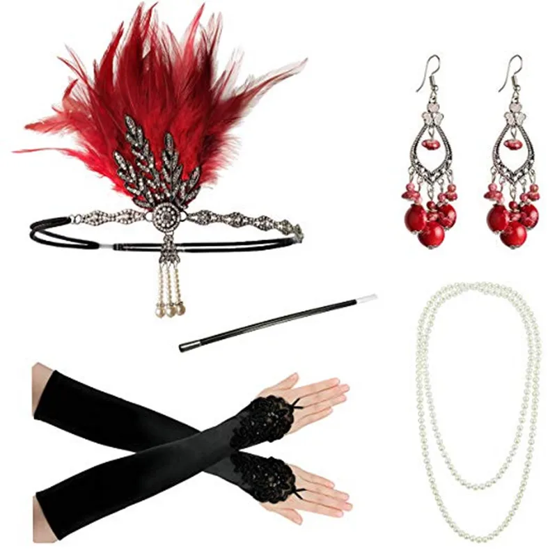 

Women's 1920s Flapper Accessories Gatsby Costume Accessories Set 20s Flapper Headband Pearl Necklace Gloves Cigarette Holder