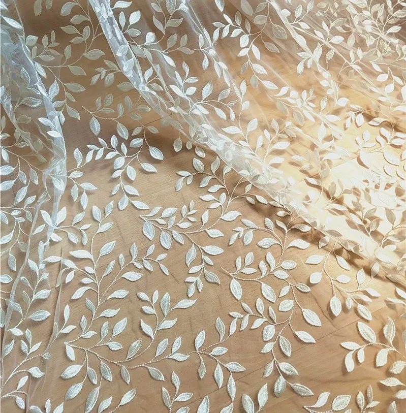 

Super quality! Rayon embroidery leaves design spring dress making tulle mesh lace fabric! 1 Yard Ivory lace women gowns lace