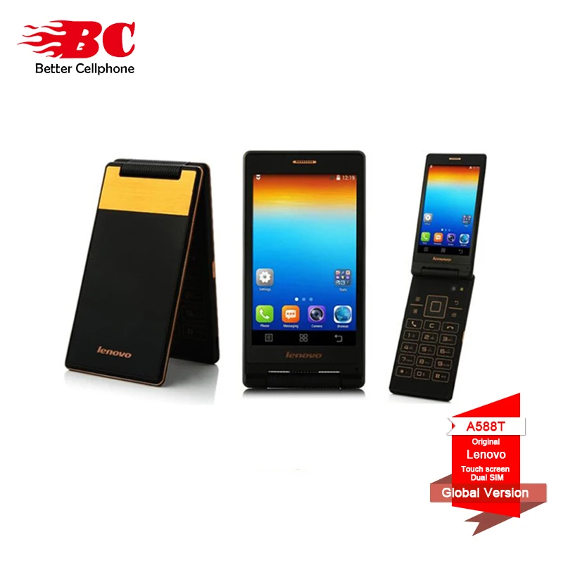 Goedkoop Originele Lenovo Android Flip Oude Telefoon A588T MTK6582 Quad Core smartphone 4 gb ROM Dual Sim 4.0 inch 5MP camera Russische taal