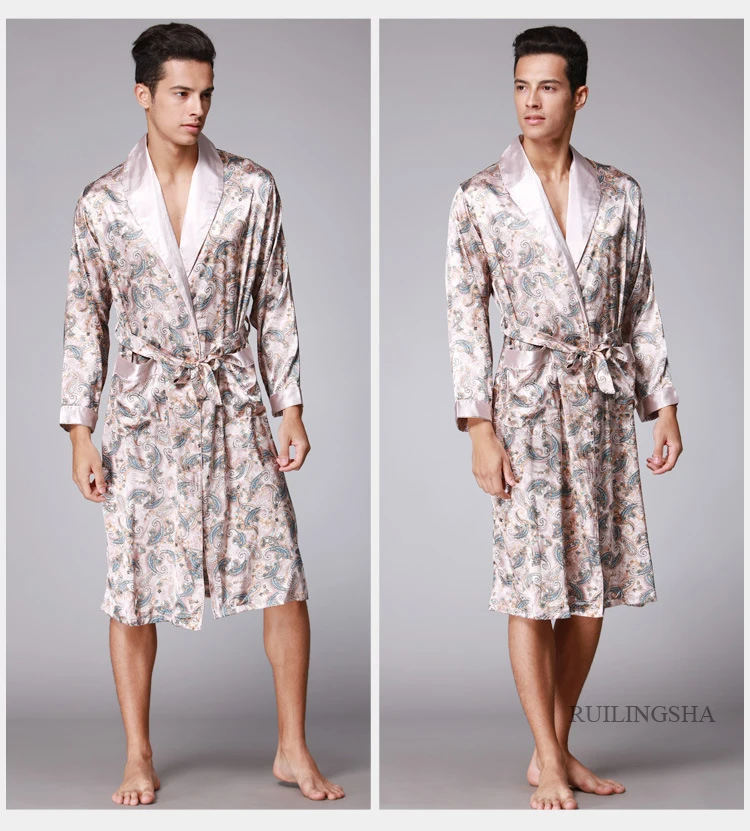 men's cotton lounge pants Men Silk Summer and Autumn Luxury Kimono Satin Bathrobe Print Knee Length Long Sleeve Coffee Bath Robe Dressing Gown Sleepwear silk pajama set