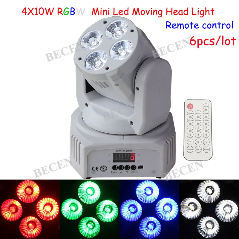 

6pcs/lot 4x10W rgbw 4in1 mini led moving head light with Remote control for dj club party church