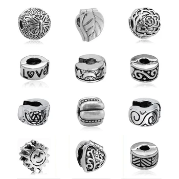 

Bead Clip Lock Wholesale Lots Mixed 12Pcs Tibetan Silver Plate Stopper Safety Beads Charms Fit European Pandora Bracelet