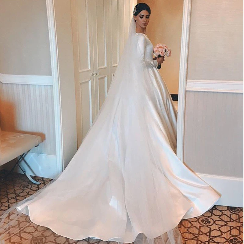 Королевское сатиновое свадебное платье с длинным рукавом А-силуэта Vestido de Noiva свадебное платье замок Сад Свадебные платья Robe De Mariee