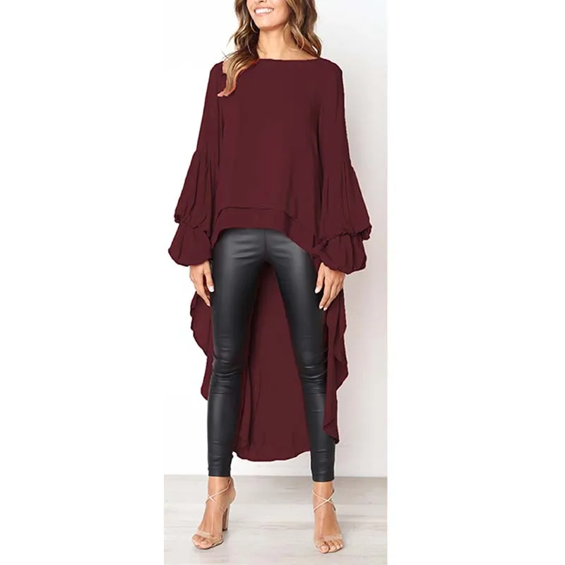 Женская блузка с рукавом-фонариком и высоким низом, блузка с высоким воротом, свободная блузка с длинным рукавом, асимметричная туника, Повседневная рубашка, женская одежда - Цвет: Burgundy Blouse