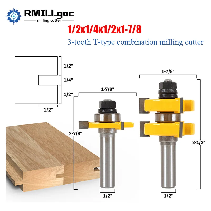 2Pcs 1/2 Inch Shank Matched Tongue and Groove Cutter Set 3 Teeth Shape