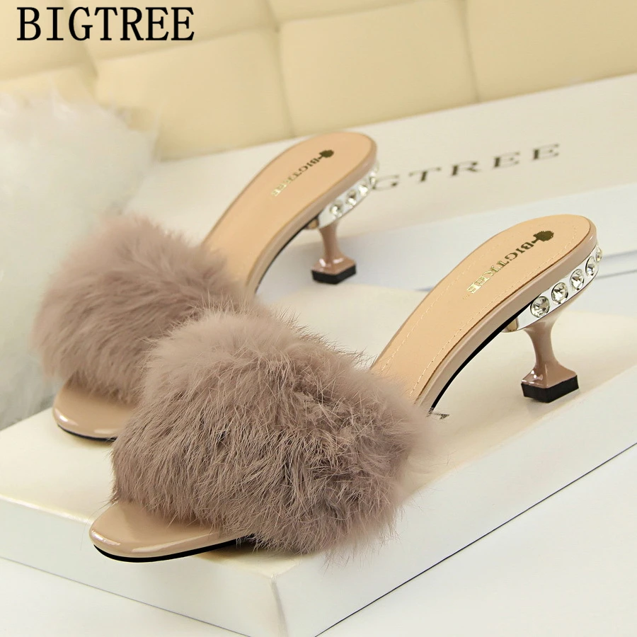 

2019 new women slides fur mules high heels evening shoes kitten heels elegant shoes sexy sandals bigtree shoes tacones mujer