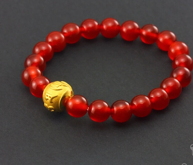 

New 999 24k Yellow Gold Tibetan 3D Beads Red Bracelet