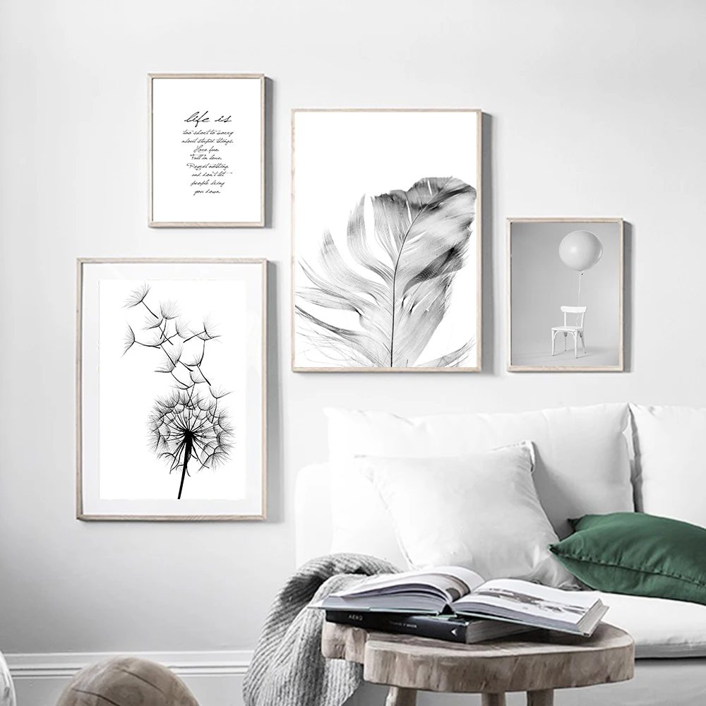 

Feather Dandelion Wall Art Nordic Balloon Poster Black White Minimalist Canvas Print Painting Decoration Picture Modern Decor