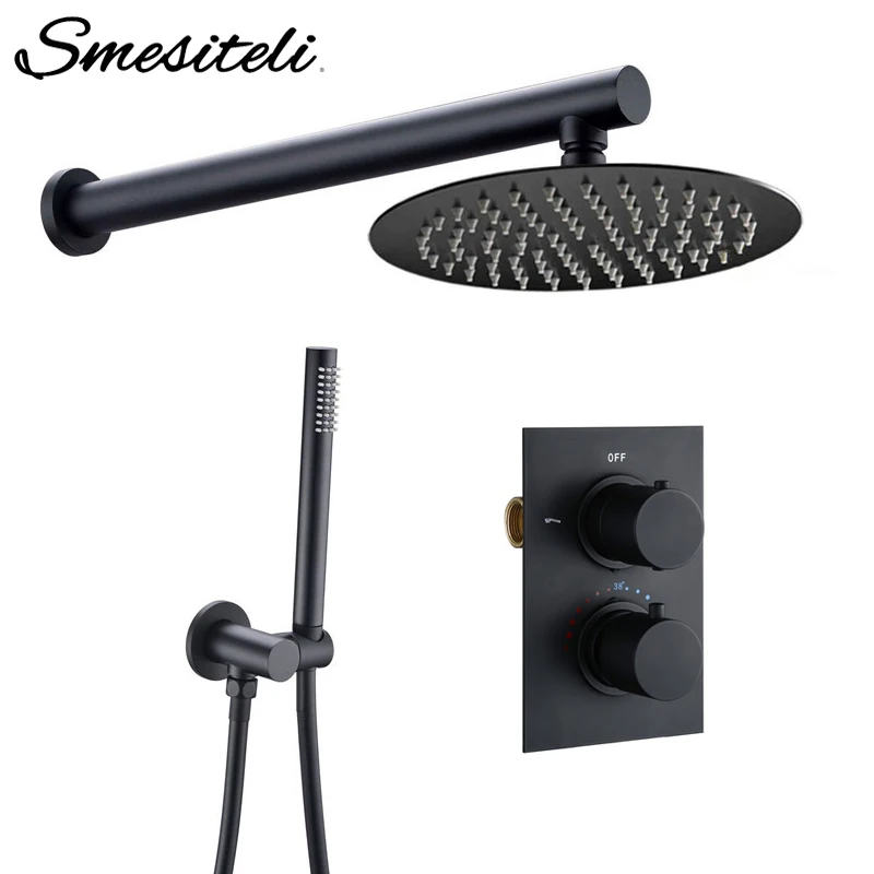 Billig Smesiteli Bad Dusche Set Matte Schwarz Regen Dusche Wasserhahn Wand oder Decke Montiert Thermostat Ventil System 8 12\