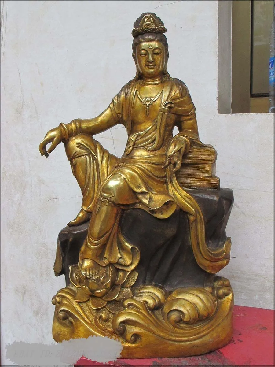 

18"Tibet Buddhism Bronze gild Tanakh Book Kwan yin lotus Quan yin Statue