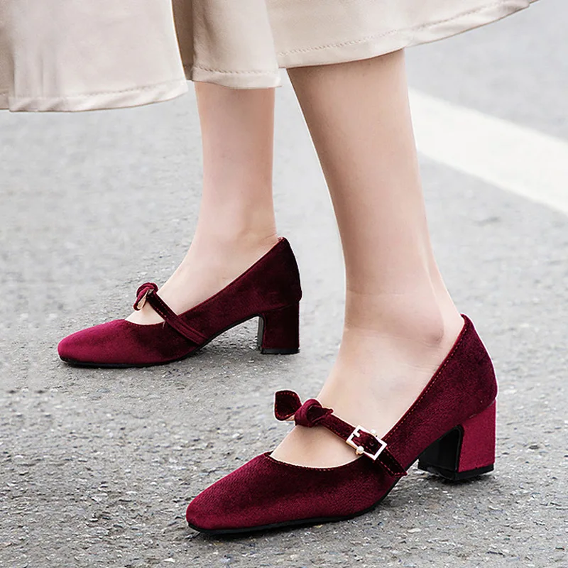 

US4-11 Womens Velvet Pointed Toe Bowknot Mary Janes High Block Chunky Heels Pumps Buckle Banquet Shoes 3Colors Plus Size A447