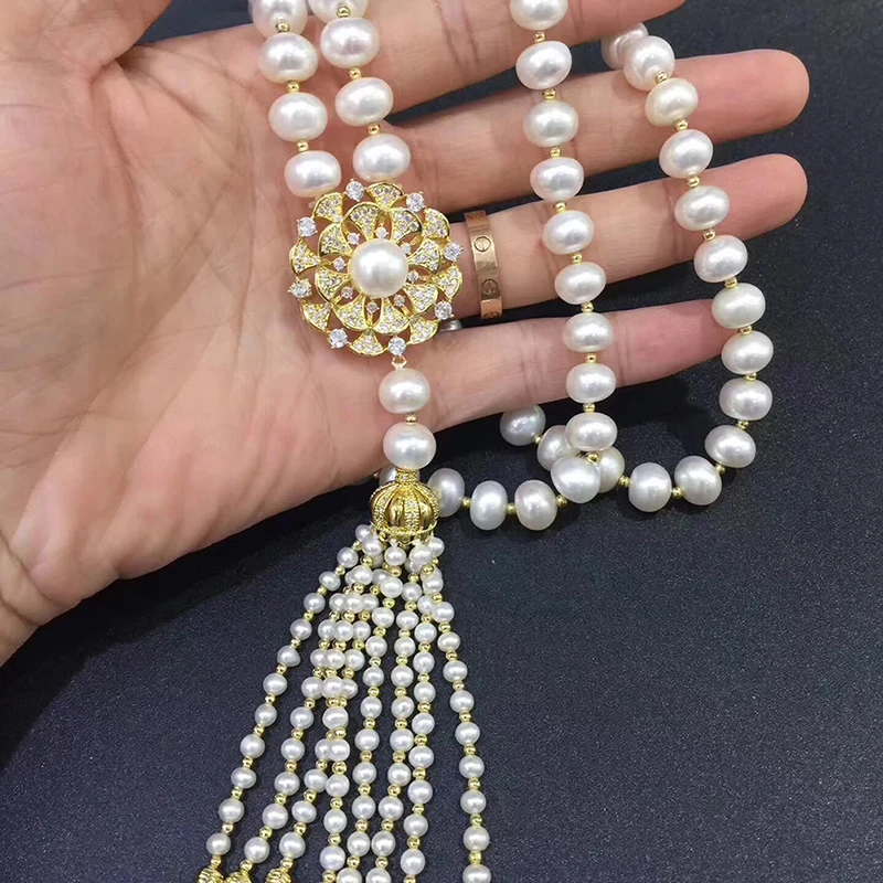 Sinya Tassels fashion Sweater chain Natural pearls Strand long necklace for Women Mum lover gold or white gold color optional  (5)