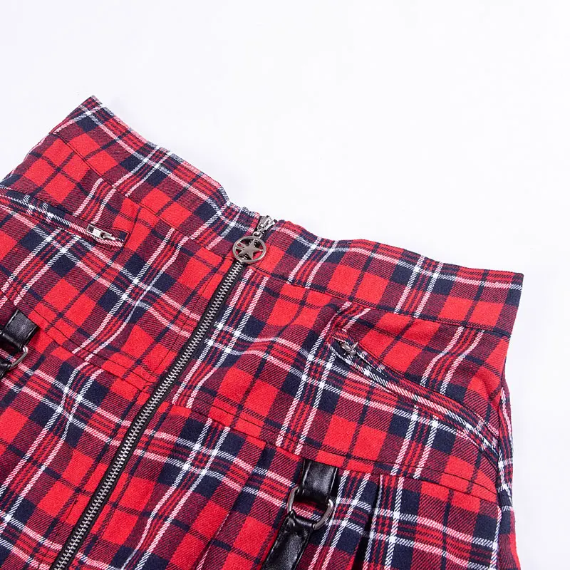 Женские юбки трапециевидной формы в готическом стиле панк-рок из темного металла, Красный шотландский килт, Harajuku, Лолита, юбка с пентаграммой, пояс с пентаграммой