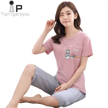

Pyjamas women two piece 2020 Spring Summer thin Plus size night suit print cotton women home clothes Girl pajama set sleepwear