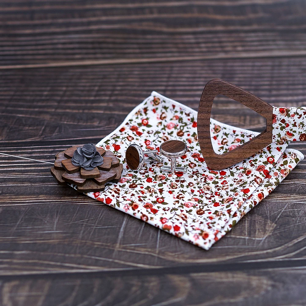  Men Wedding Party Polka Dot Carved Wood Bow Tie Cuff Links Handkerchief Bowtie Cufflinks And Brooch