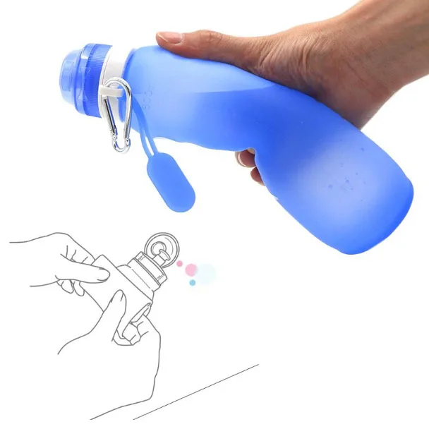 

Collapsible Silicone Water Bottle Silicone Folding Kettle Outdoor Sports Water Bottle Hook Design Camping Travel Running Bottle