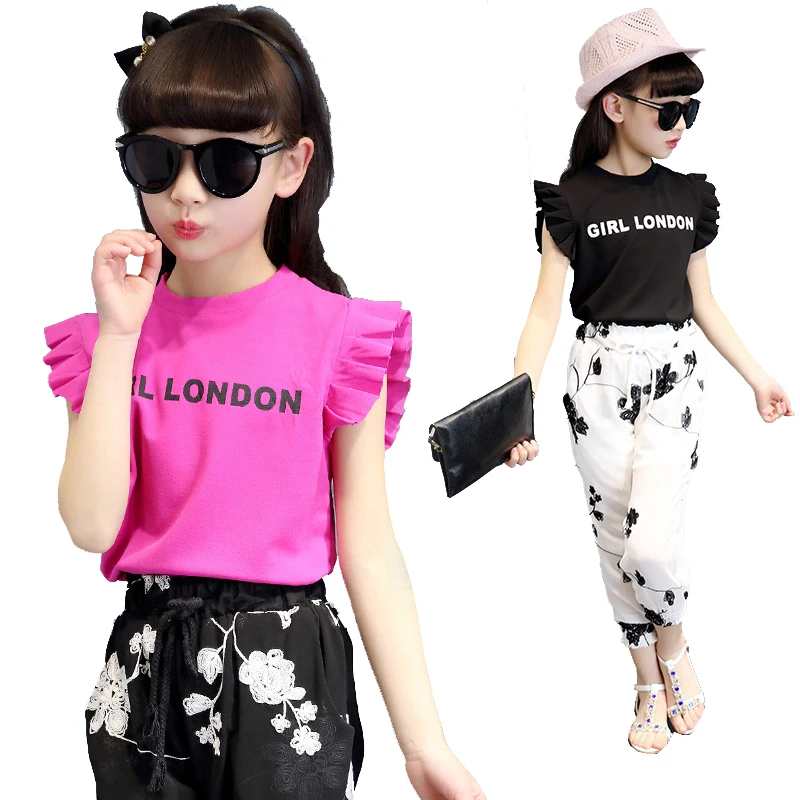 

New 2019 Little Girl Summer Korean Bohemia Floral Tops+Pants 2pcs Sets Suits For Girls School Clothing Set 4 5 6 7 8 10 9 Years