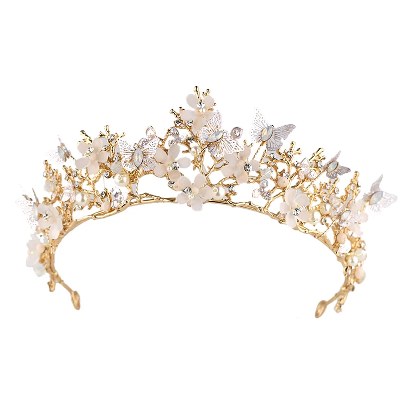 

Baroque Vintage Butterfly Pearl Flower Hair Jewelry For Women Bride Crystal Diadem Handmade Tiara Crown Wedding Hair Accessories