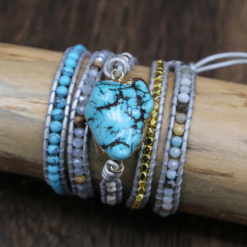 Уникальный смешанные природные камни Бирюзовый Шарм 5 браслет из переплетенных нитей ручной работы браслет в стиле бохо Для женщин кожаный браслет