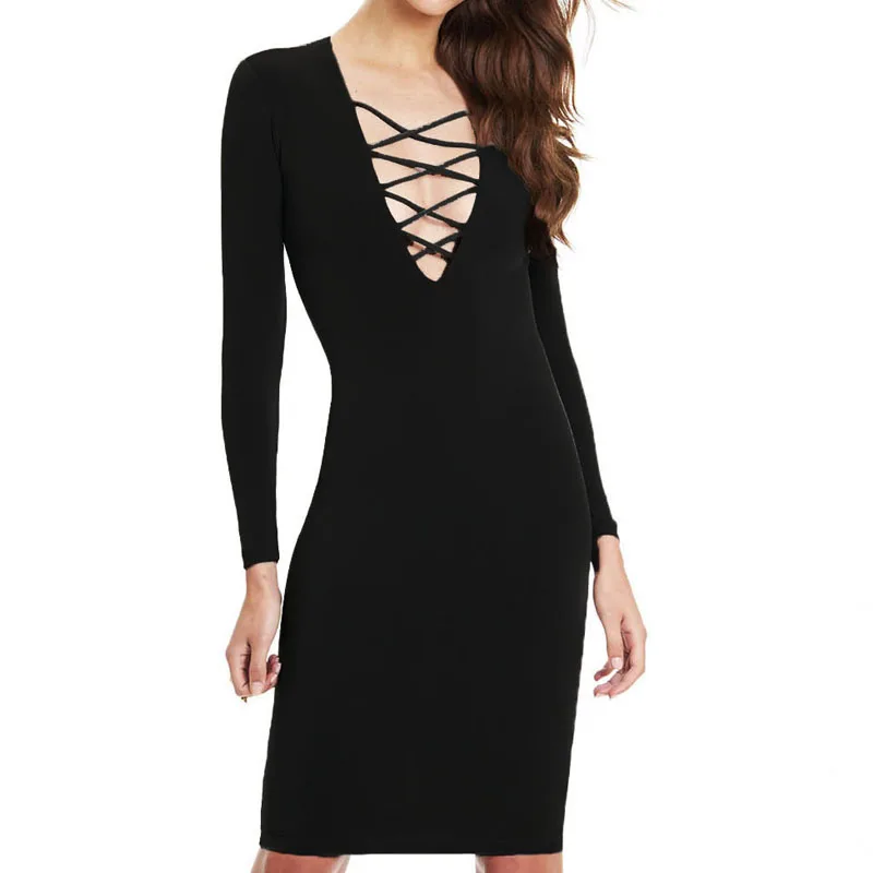 

Vestidos Cotton Women Tie Up Autumn Bodycon Party Dress Sexy Deep V Neck Criss Long Sleeve Night Club Bandage Dress