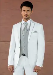 Высокое качество одна кнопка белый смокинг для жениха Пик нагрудные Groomsmen Мужские свадебные костюмы для выпускного (куртка + брюки + жилет +