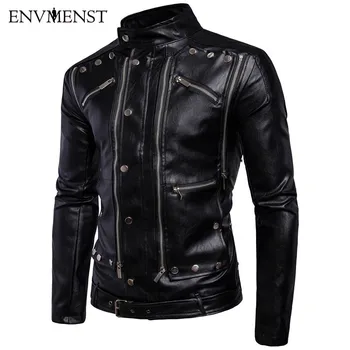 

Envmenst 2017 Autumn Leather Jacket Men Slim Multi-button Leather Motorcycle Jackets Stand Collar Zipper Coat Outdoors