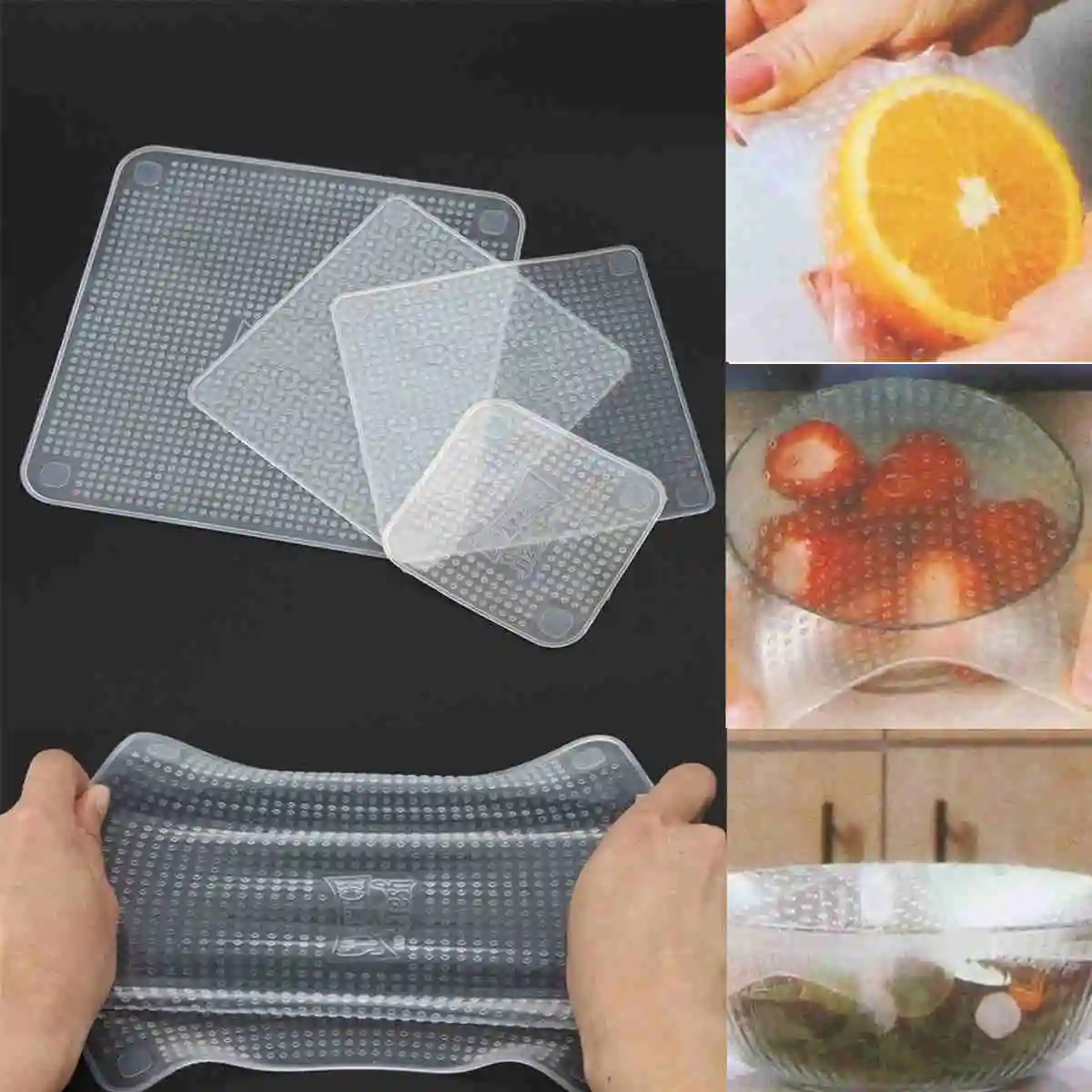 4pcs 1 set  Reusable Clear Stretch Fresh Food Wraps Seal Cover Kitchen Accessories Tool