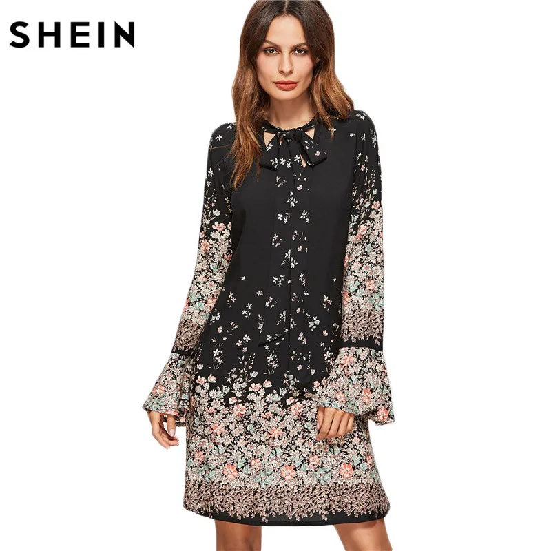 SHEIN Korean Women Clothing Floral Print Dresses Women Spring Black Tie