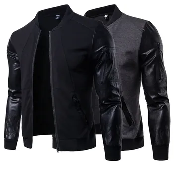 

Nice British Style Men PU Leather Stand Collar Jacket Men Casual Cotton Long-sleeve Stitching Jackets Coats For Autumn Winter