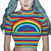Бег Фитнес-Йога Спорт футболка Rainbow топ с принтом футболка с короткими рукавами Рисунок лестно пупка экспозиции Crop Top